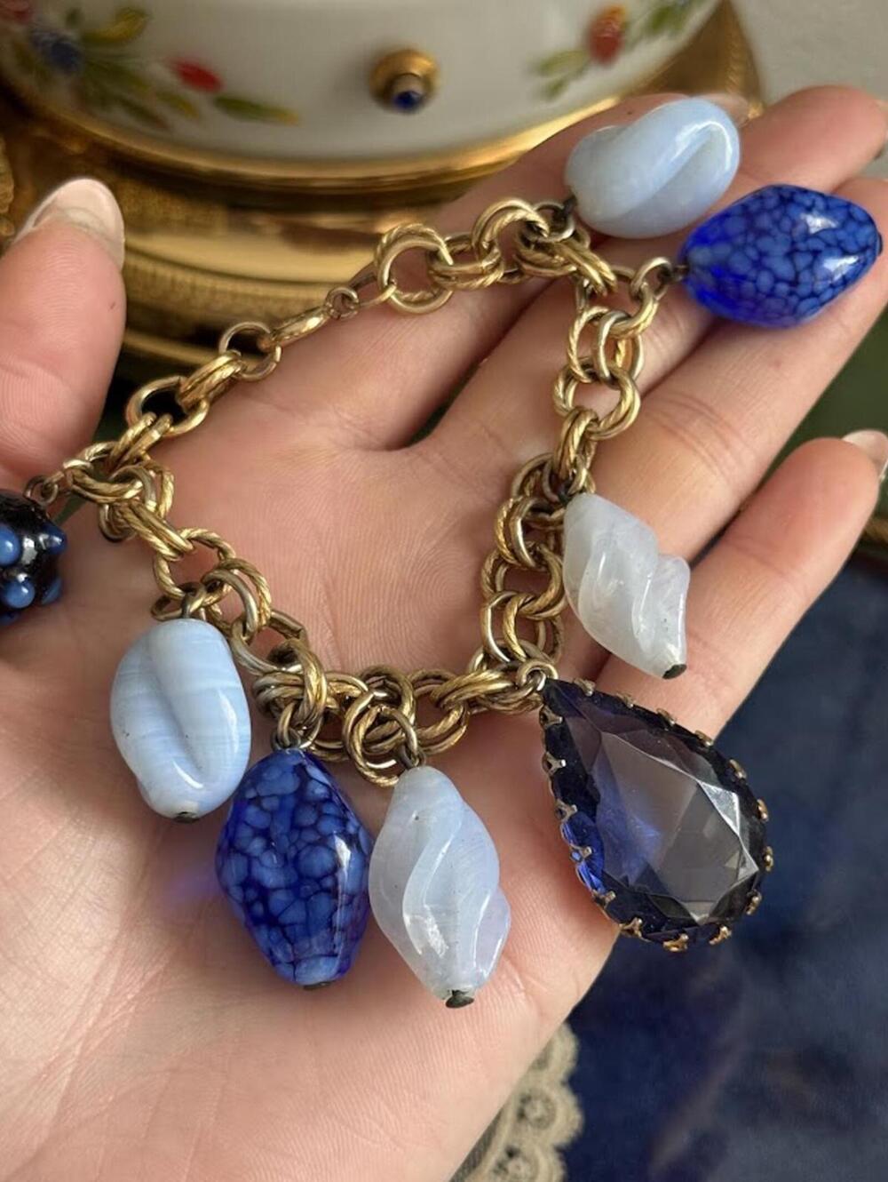 Vintage Charm Bracelet gold chain with blue glass charms